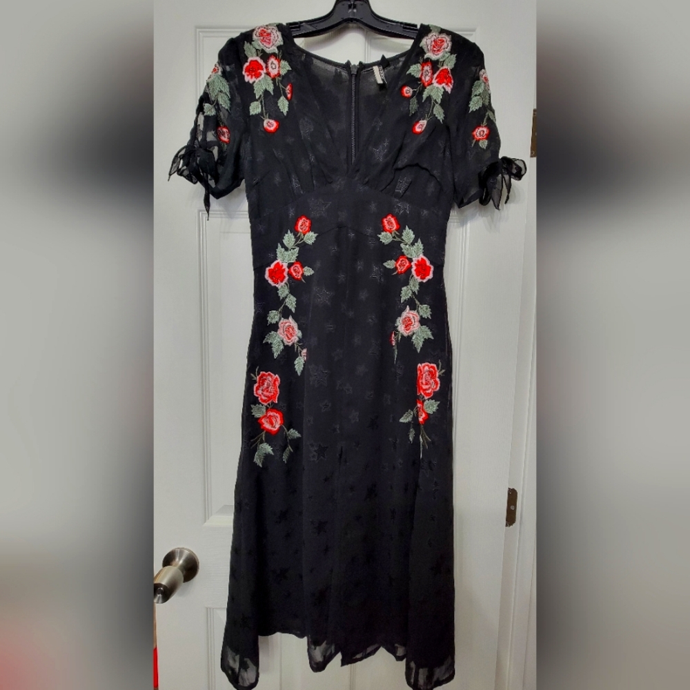 Topshop Black Midi Dress with Red Rose Embroidery